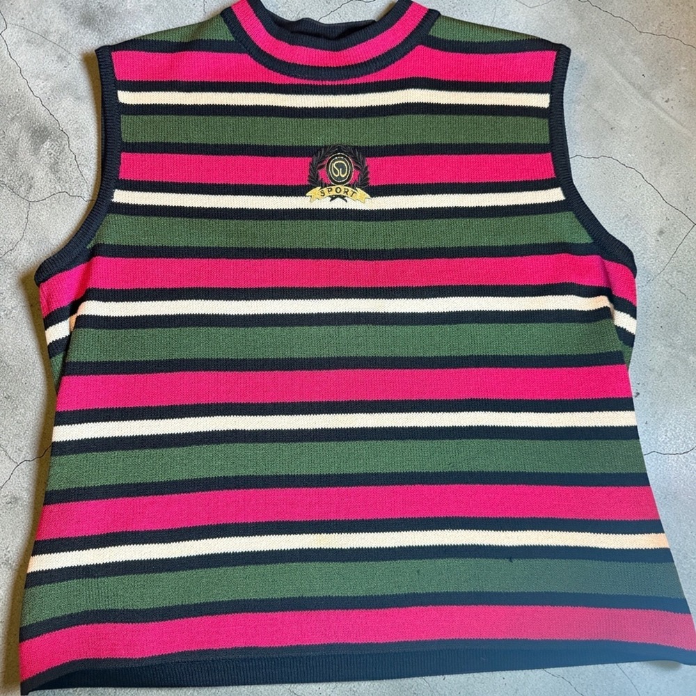 St John Sport Marie Gray Vintage 90s Knit Tank Top Medium Crest Logo Preppy USA